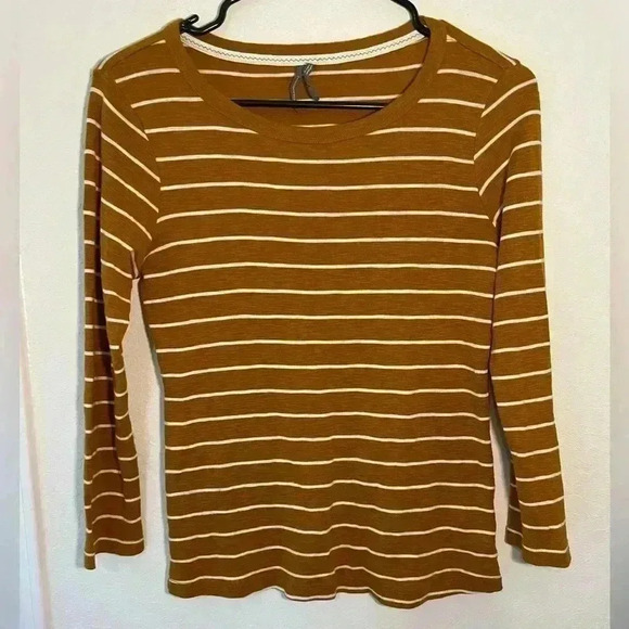Anthropologie Mustard Yellow and White Horizontal Stripes Quarter Sleeve T Sz XS - Picture 2 of 7